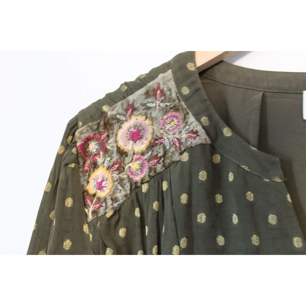 Chico's Dot Jacquard Peasant Top Green Gold Metallic Floral Size 2 12 H14724 - Picture 6 of 11